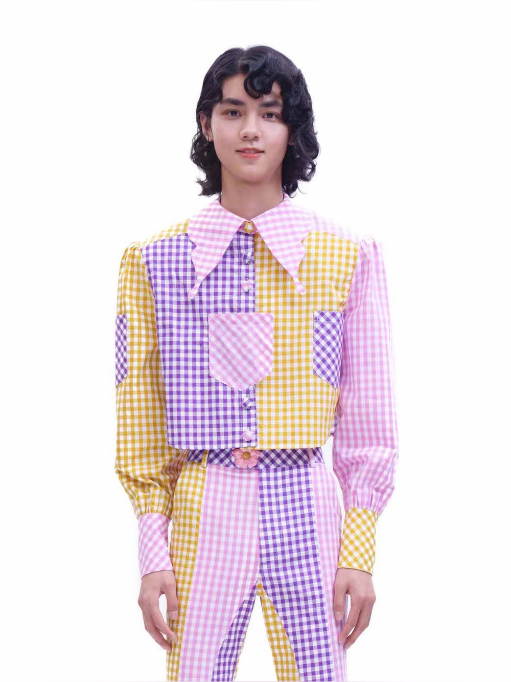 Motoguo 'Wish You Had 3 Hands?' Patchwork Gingham Crop Shirt S